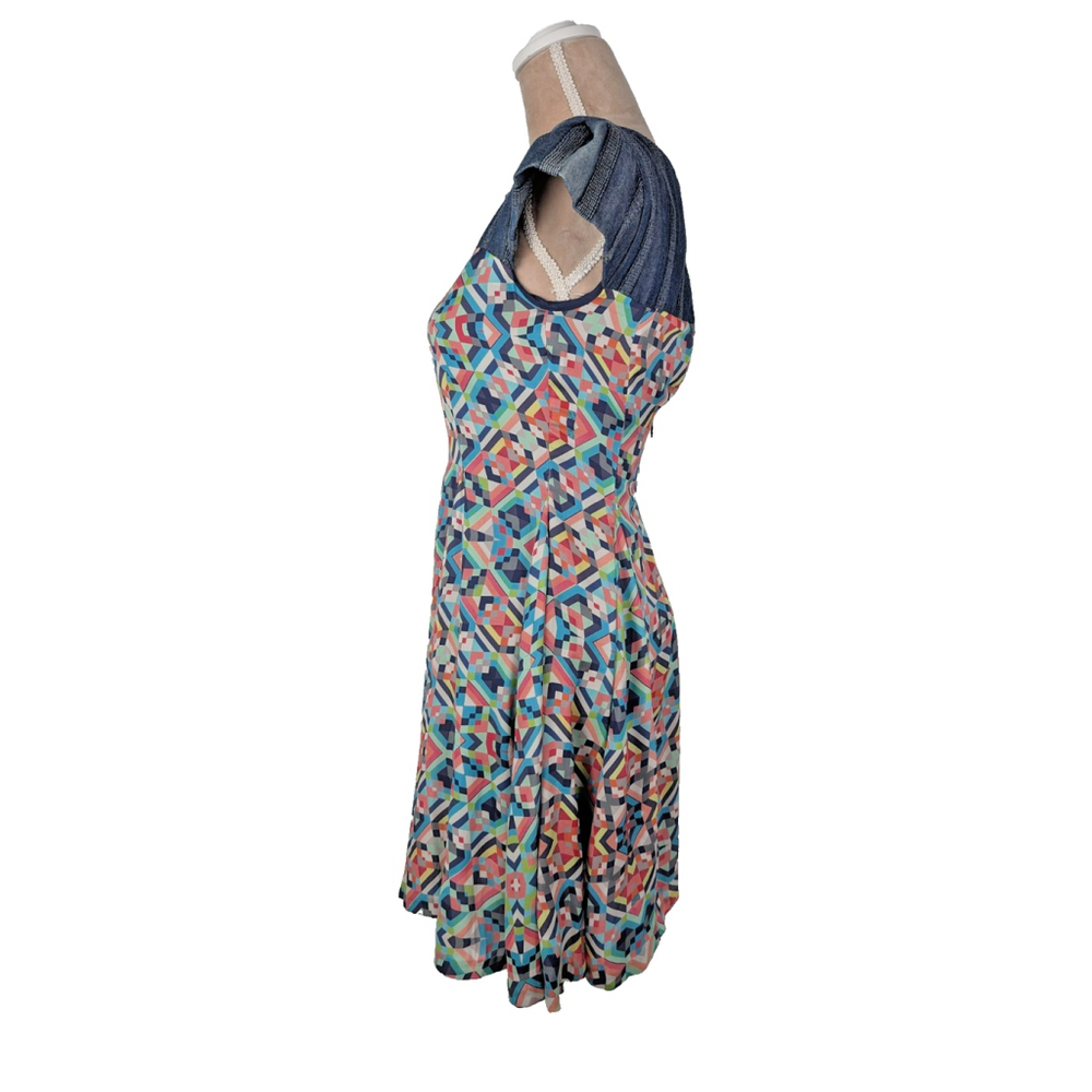 Anthropologie Eva Franco Midi Dress Mixed Media Denim Silk Sz 4 6 Geometric - Picture 3 of 12